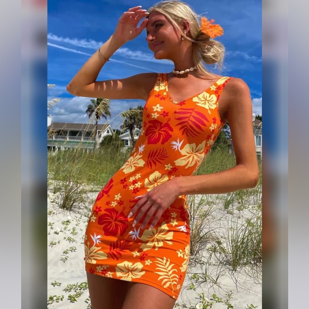 Women’s Sleeveless Knit Bodycon Dress Tropical Orange Floral Print Wild Fable L - Picture 2 of 3